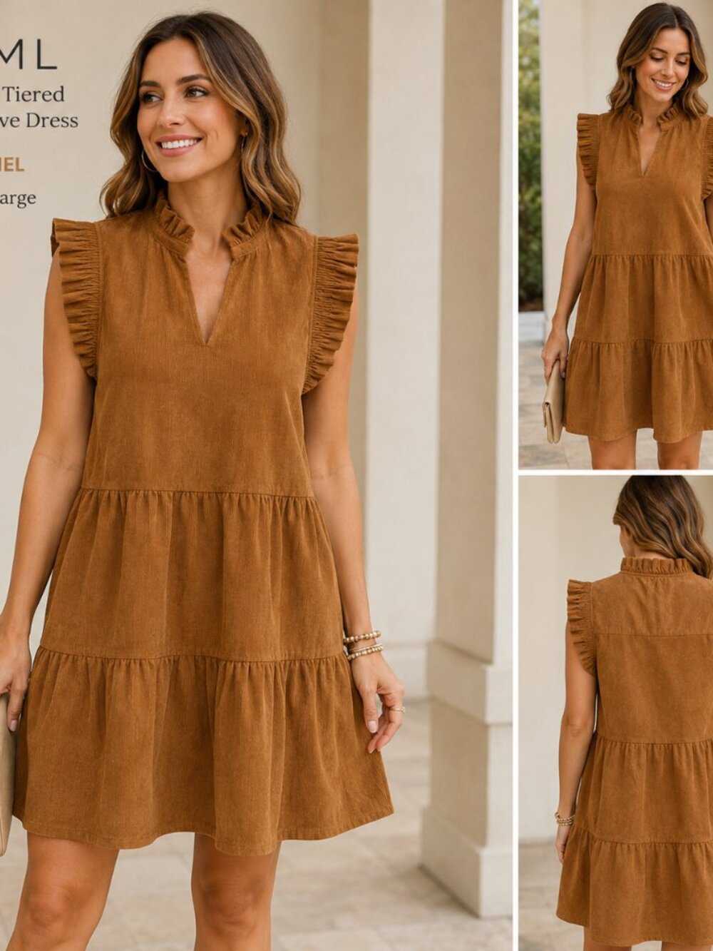 THML Corduroy Tiered Ruffle Sleeve Dress Camel Brown Size Large